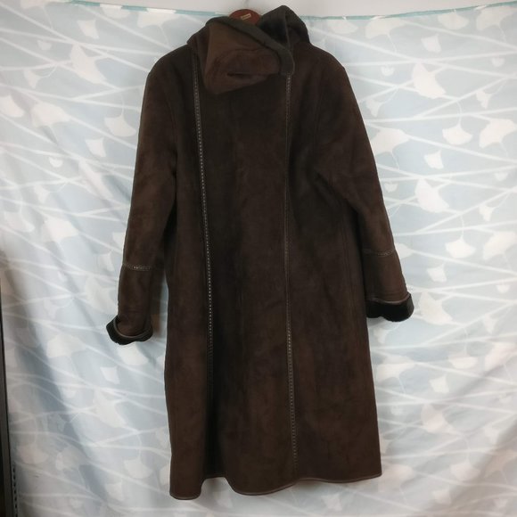 Hooded Natural Suede Full Long Coat with pleather trims and pockets, Brown sz.14 - Picture 4 of 12